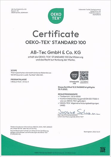 Oeko-Tex® Zertifikat (ABA 001)