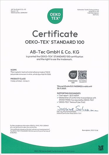 Oeko-Tex® certificate (PA 1008)