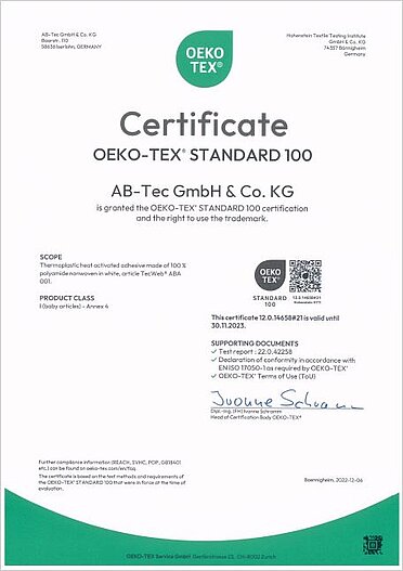 Oeko-Tex® certificate (ABA 001)